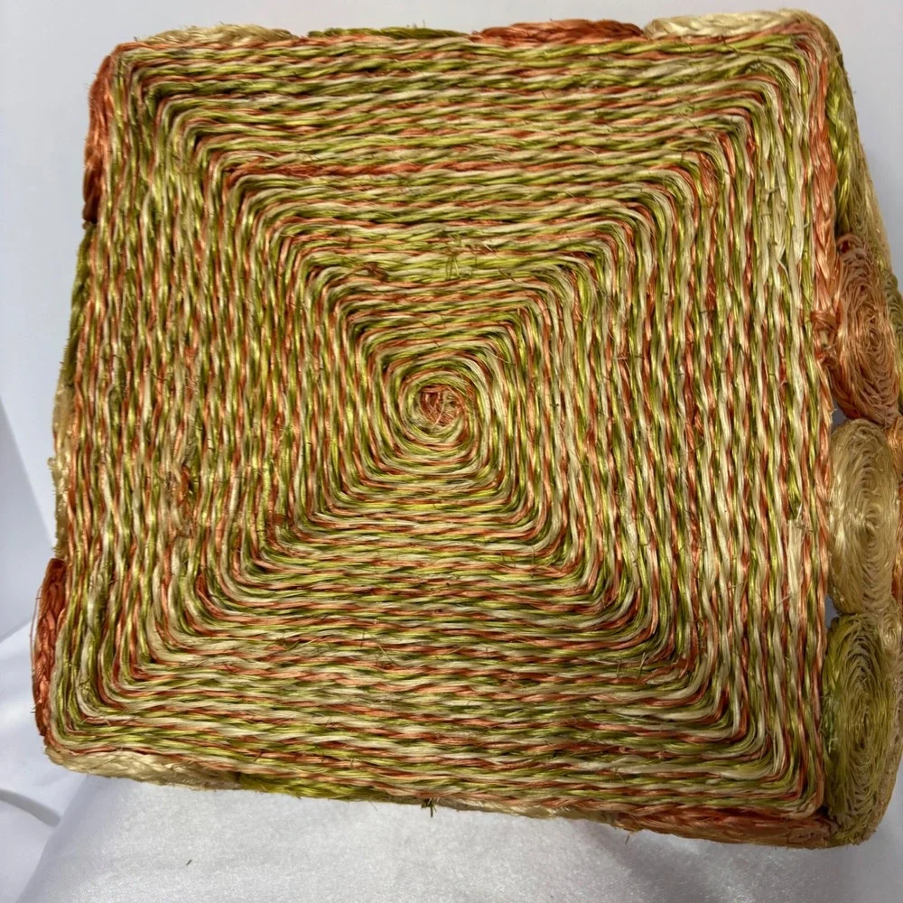 Vintage‎ Raffia Square Tri-Color Storage Basket Woven Orange Green Brown